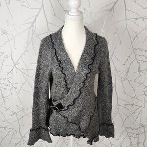 Nado Gray 25% Wool Knit Faux Wrap Ruffle Edge Sweater